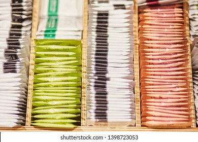 Tea Bags Of Different Varieties In The Box.