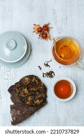 Tea Ceremony Set Of Freshly Brewed Proper Elite Red Tea, By Pouring Method On A Wooden Old Board. View From Above