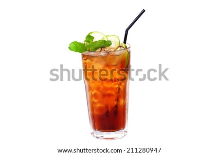 tea cocktail cola with lemon and ice on a white background isolated