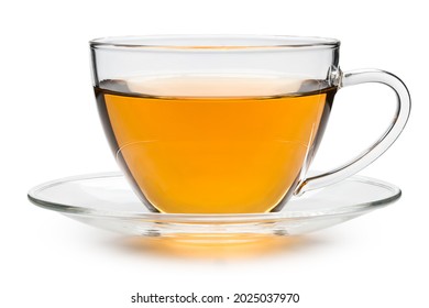 Tea. Cup of classic black tea. Clear glass Teacup and saucer. Good Morning. For Breakfast flower or herb hot tea. Mug with aromatic drink. Macro High resolution photo. White isolated background.  - Shutterstock ID 2025037970