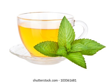 Tea cup with fresh mint leaves isolated on white, closeup photo