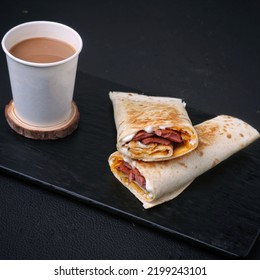 Tea Cup Full Of Tea On A A Piece Of Wood Royalty Free Stock Photo, Picture, Beside Have A Tasty Shawarma