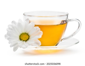 Tea. Cup Of Herb Tea. Clear Glass Teacup And Saucer With Chamomile Or Daisy Flowers. Good Morning. For Breakfast Flower Hot Tea. Mug With Aromatic Drink. White Plant Leaf. White Isolated Background. 