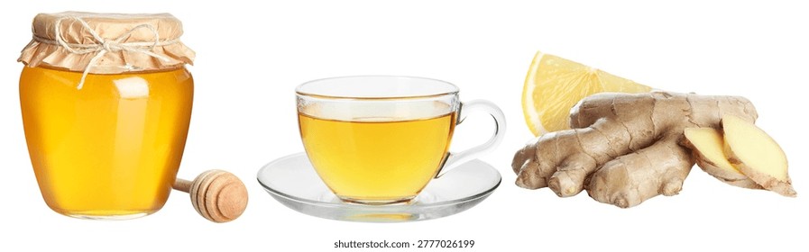 Tea in cup, honey, ginger and lemon on transparent background