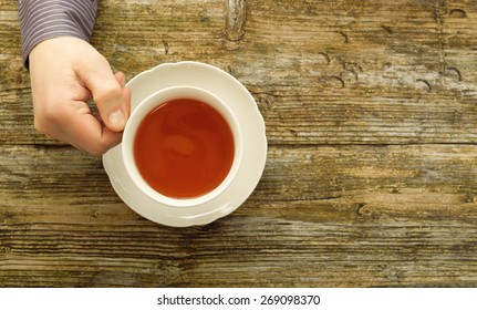 Tea Cup Male Hand Holding Cafe Table Wooden Tint Top View