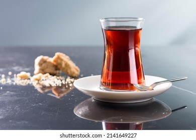 Tea, A cup of tea, turkish tea, çay, on a marble table, on a soft focus background. - Shutterstock ID 2141649227