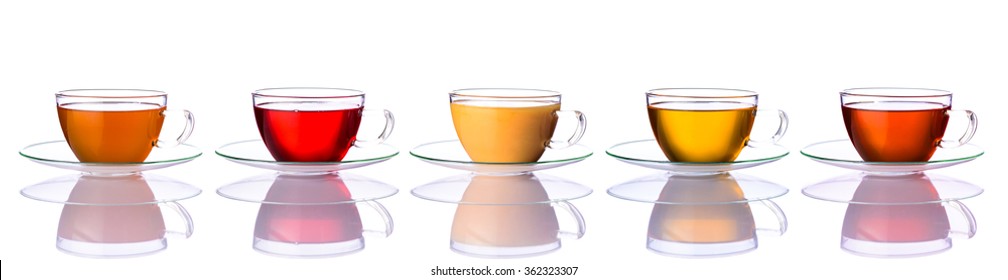 Tea Cups In Collage With Different Types Of Tea Isolated On White Background