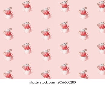 Tea Cups Colorful Pattern Against Pastel Pink Background. Various Designs, Dots, Stripes, Golden Details, Vintage Shapes, Aesthetic Themes. 