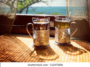 Tea Cups On The Table In The Train