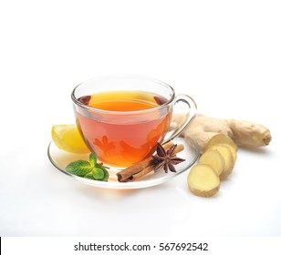 tea, ginger, cinnamon and lemon on a white background