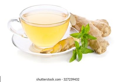 Tea With Ginger Root Isolated On White Background