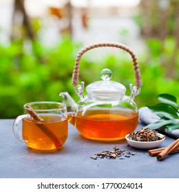 Tea in glass cup and teapot on summer outdoor background. Copy space. - Powered by Shutterstock