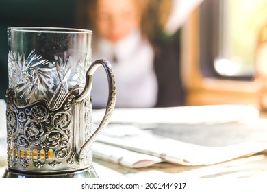 Tea Glass With An Iron Cup Holder On The Table, Tea On The Train.