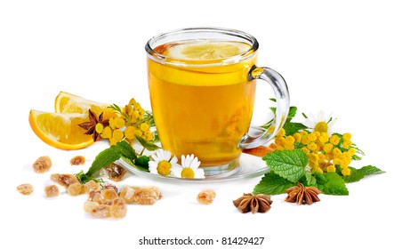 Tea And Herbs Isolated On White Background