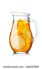 Tea With Ice In A Pitcher. Jug Full Of Iced Tea With Lemon