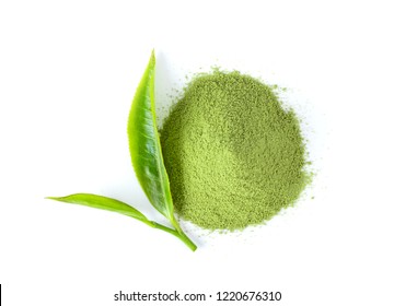 Tea Leaf And Matcha Green Tea Powder Isolat On White Background. Top View