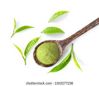 Tea Leaf And Matcha Green Tea Powder In Wood Spoon Isolated On White Background. Top View