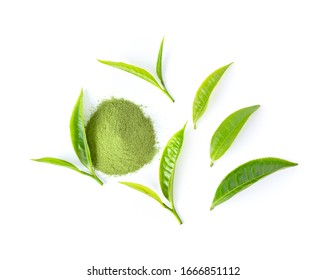 tea leaf and matcha green tea powder isolated on white background. top view