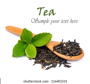 Tea And Leaves On Spoon On A White Background