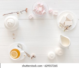 Tea With Lemon, Macaroon And Pink Marshmellow, Additional Space For Text Left