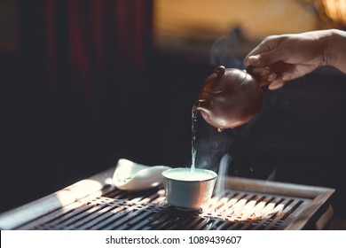 Tea master pouring tea from teapot in sunlight