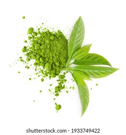 Tea Matcha Powder And Green Leaves Isolated On White