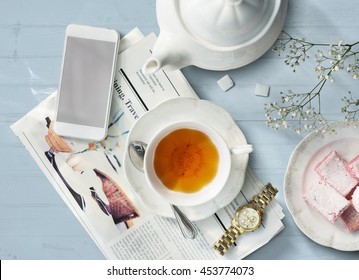 Tea Newspaper Watch Information Simple Relax Concept - Shutterstock ID 453774073