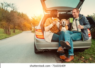 Tea Party In Car Truck - Loving Couple With Dog Sits In Car Truck