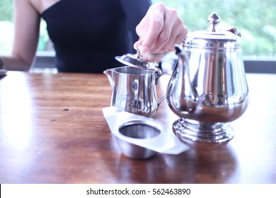 Tea Set On Cafe Table.