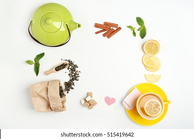 Tea set on white background, flat lay - Powered by Shutterstock