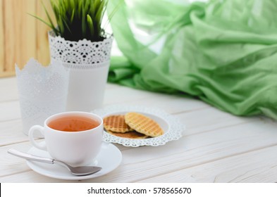 Tea Time. Cup Of Tea On A Beautifully Decorated Table