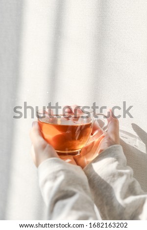 Tea time in the morning near the window with sun light