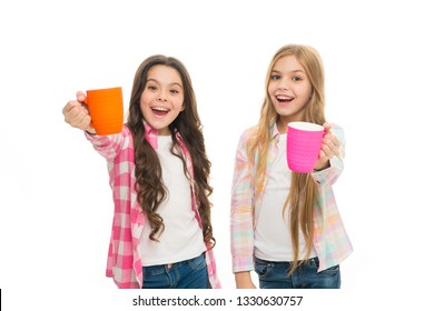 It Is Tea Time. Relaxing With Drink. Tea Break. Children Do Not Drink Enough During School Day. Make Sure Kids Drink Enough Water. Girls Kids Hold Cups. Sisters Hold Mugs. Drinking Tea While Break.