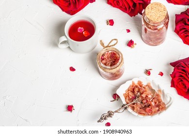 Tea Time With Rose Petals Jam And Hot Beverage For Lovers. Homemade Sweet Breakfast, Bouquet Of Fresh Flowers, Festive Decor. Valentine Day, Wedding Or Birthday Concept, White Plaster Background