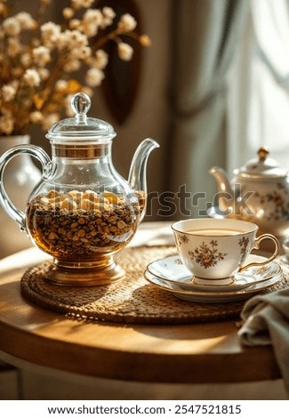 Similar – Image, Stock Photo Elegant tea time layout with snacks and tea set