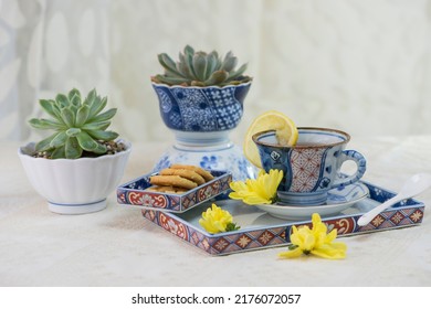 Tea time table display. Chrysanthemsum lemon tea and cookies in blue theme chinaware complement with rosettes succulent plant. Lacy cream white color table cloth and background.