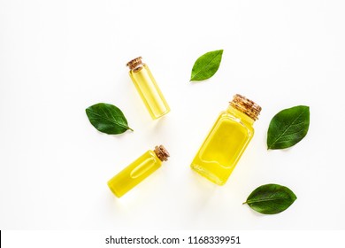 Tea Tree Essential Oil Near Tea Tree Leaves On White Background Top View Copy Space