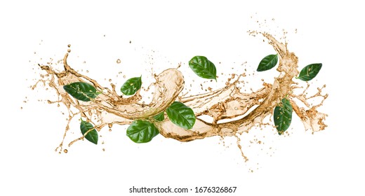 Tea Wave Splashing With Tea Leaves, Isolated On White.