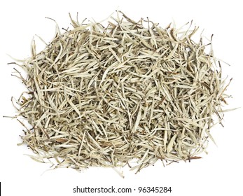 Tea - White Tea Leaves. Chinese Silver Needle White Tea Of Premium Luxury Quality. Bai Hao Yinzhen Tea On White Background.