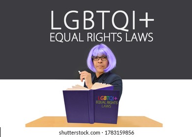 Teacher With Book In Front Of LGBTQI+ Equal Rights Laws Blackboard