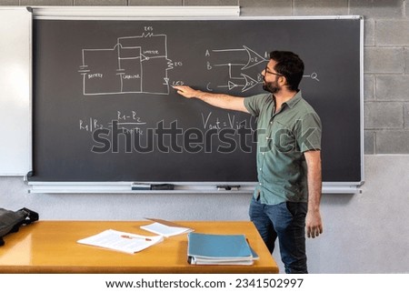 Teacher in classroom explaining concepts using blackboard. Online professor teaching via online call.
