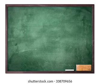Teacher day concept: Green board, chalkboard and eraser isolate on white background