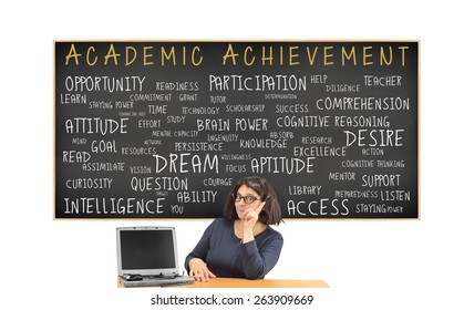 Teacher at desk in front of Academic Achievement Blackboard: Intelligence, Readiness, Attitude, Opportunity, Preparedness, Resources, Goal, Access, Participation, Listen, Technology, Persistence