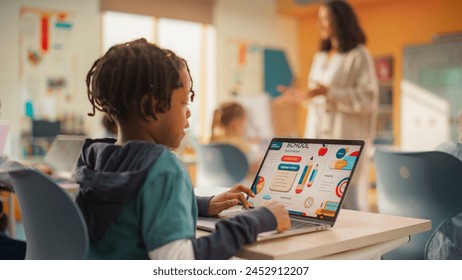 Teacher Explaining a Math Lesson to a Classroom Full of Bright Diverse Children in Primary School. Little Black Boy Browsing a Presentation on a Laptop Computer - Powered by Shutterstock