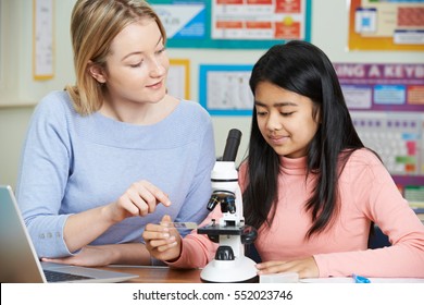 Teacher With Female Student Using Microscope In Science Class