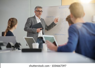 Teacher Giving Economics Class, Using Whiteboard