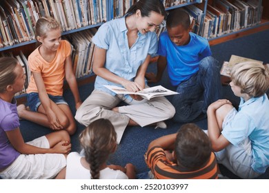 Teacher, group and children for education in library with book discussion, creative reading and learning. Circle, woman and students support for storytelling, teaching advice and language development - Powered by Shutterstock