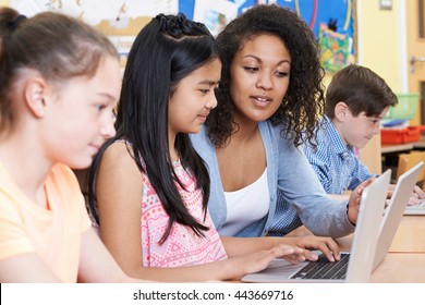 Teacher Helping Group Of Elementary School Children In Computer Class