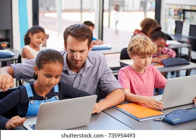 Teacher helping young students using laptops in class