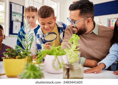 Teacher with kids in biology class learning about plant ecosystem. Happy little boy exploring plants using magnifying glass at primary school with teacher and classmates.  - Powered by Shutterstock